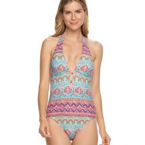 Chaps Tribal Halter One-Piece V-Neck Swimsuit Pattern Bathing Suit Women's 8